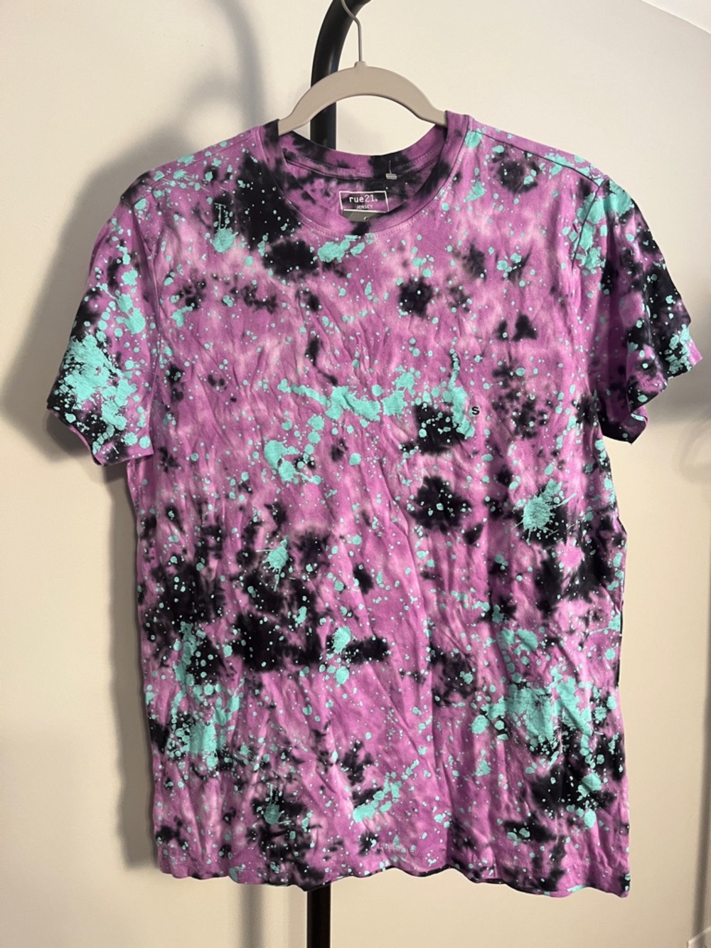 NWT Rue21 Purple Black Tie-Dye Tee Aqua Splatter Jersey Straight Hem Small New!